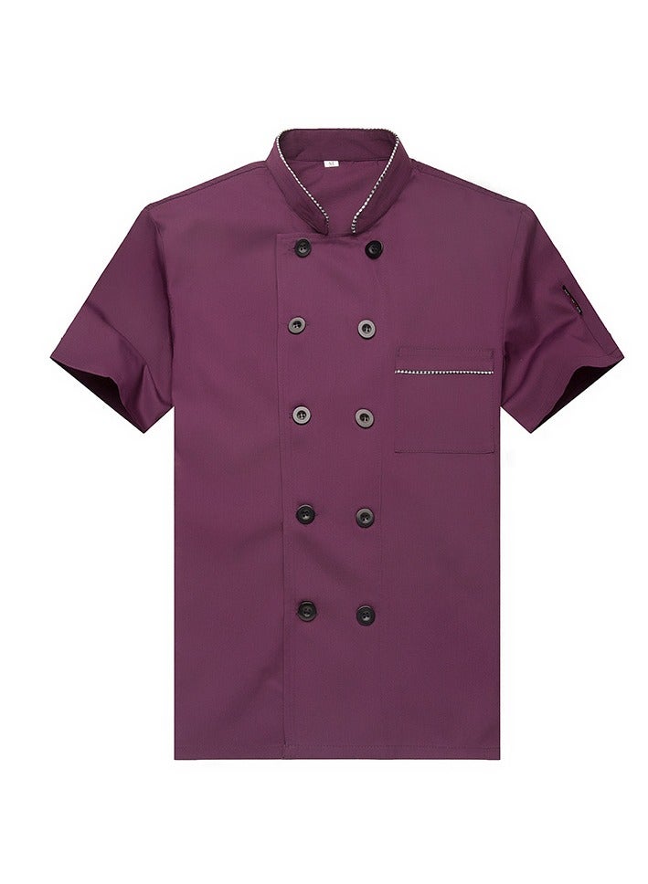 Loquat Summer Short Sleeve Chef Uniform Double-Breasted Stand Collar Waiter T-shirt Purple