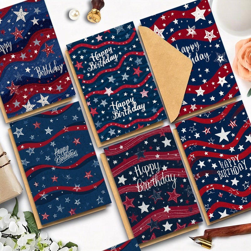 6 Set Happy Birthday Cards With Stars Wavy Lines And Envelopes Blank Inner Pages For Holidays Parties And Event Invitations Ideal Gift - Image 1