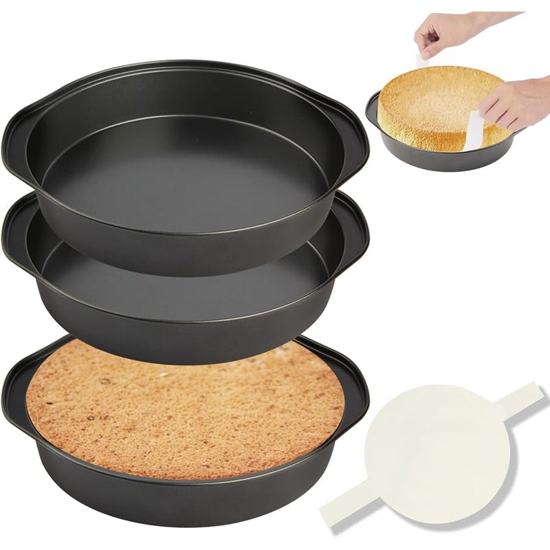 tutikuki 8 Round Cake Pan, 3PCS Nonstick Cake Pans with 100 PCS Parchment Paper, Carbon Steel Cake Baking Pans with Handle, Dishwasher Safe - Image 1
