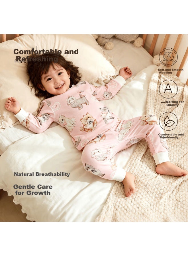 YISHUANGER Yishuang'er Baby Thermal Underwear Set Spring Autumn Winter Baby Round Neck Belly Protection Autumn Clothes Pink Cat Pattern Size 80 - Image 1