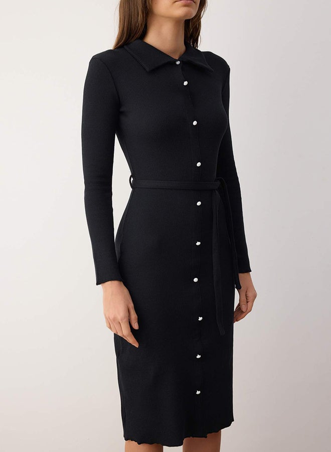 trendyol Black Fitted Long Sleeve Polo Neck Ribbed Buttoned Stretchy Midi Knitted Dress - Image 3