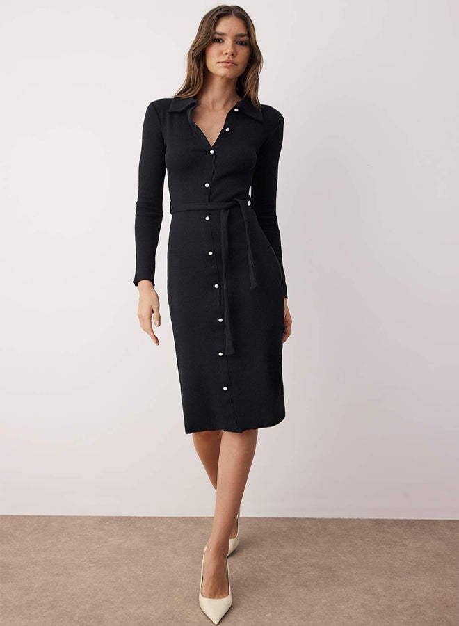 trendyol Black Fitted Long Sleeve Polo Neck Ribbed Buttoned Stretchy Midi Knitted Dress - Image 1