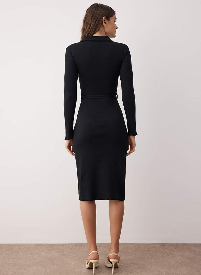 trendyol Black Fitted Long Sleeve Polo Neck Ribbed Buttoned Stretchy Midi Knitted Dress - Image 4