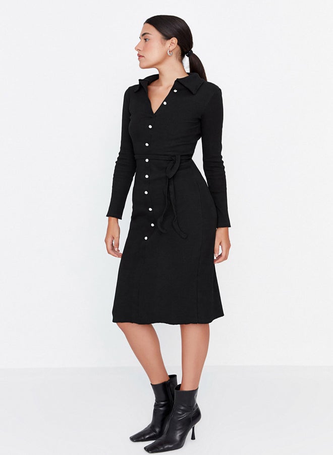 trendyol Black Fitted Long Sleeve Polo Neck Ribbed Buttoned Stretchy Midi Knitted Dress - Image 5