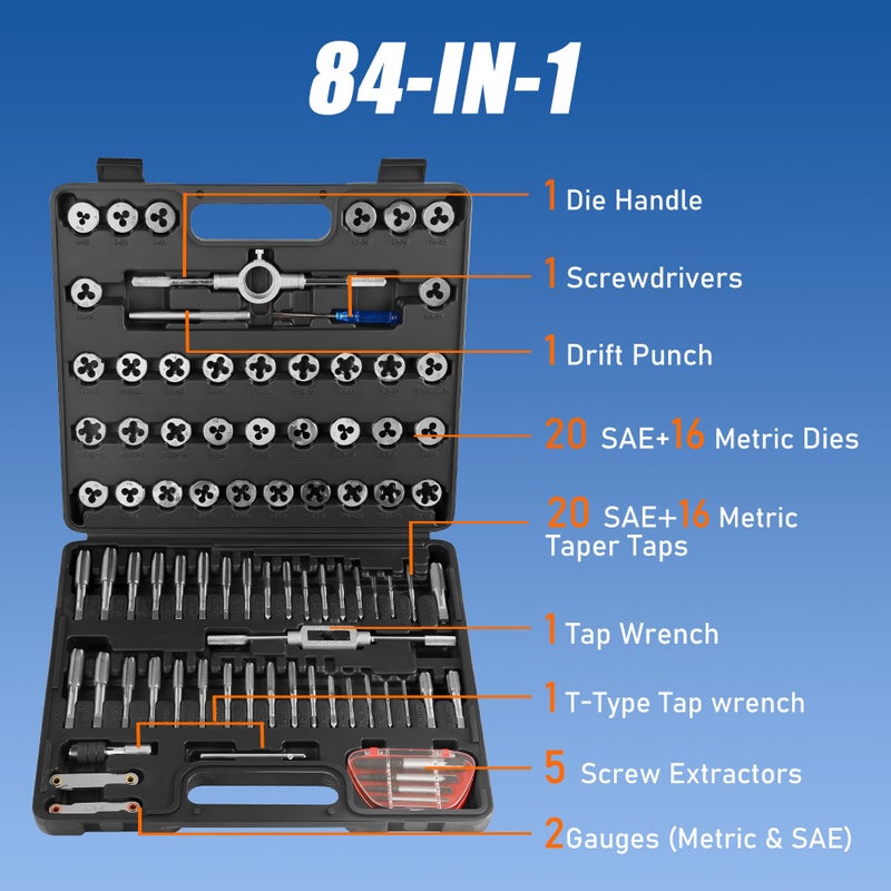 Anfrere 84pc Tap and Die Set in SAE & Metric Sizes, Standard Tap Set and Die Tool Set for Threading and Rethreading Internal and External Threads, M3-M12 Thread Repair Kit - Image 2