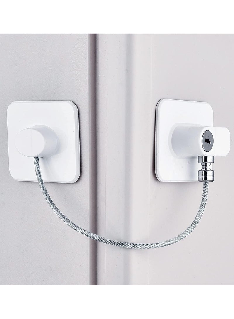قفل نافذة سلكي أمان 2 قطع مع مفتاح، حماية ضد السقوط، قفل لحماية الأطفال والحيوانات الأليفة، مناسب للثلاجات، الخزائن، الأبواب، الفريزر، الأدراج، مع خيار التركيب باللصق أو بالبراغي، من سبائك الزنك، أبيض - Image 1