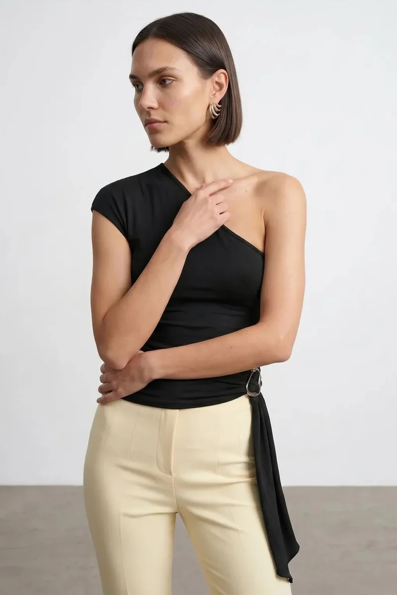 Dilvin Black DILVIN Asymmetrical Tie Detail Blouse for Women | Best Price UAE