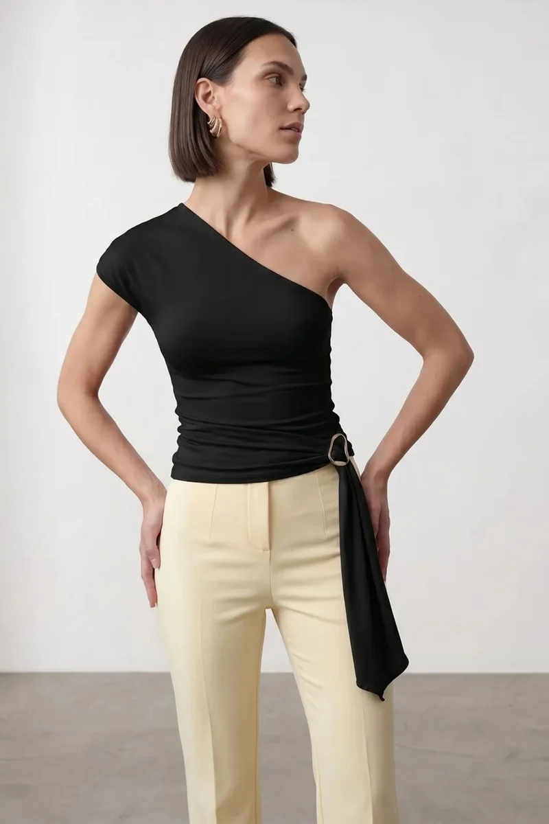 DILVIN Asymmetrical Tie Detail Blouse