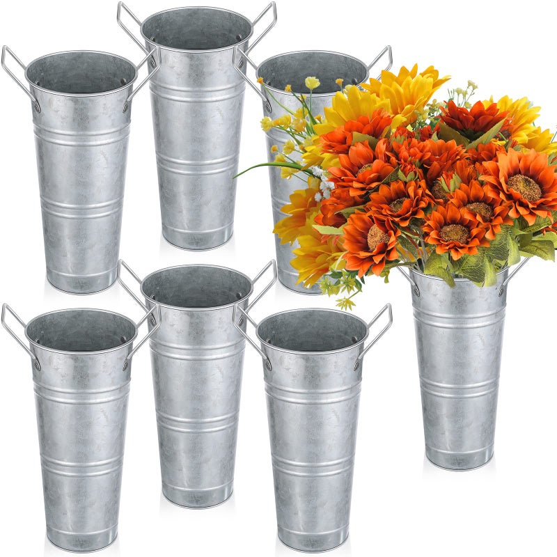 Chumia 6 Pcs Buckets Bulk Cut Flower Bar Supplies Wedding Party Centerpiece Galvanized Vase Metal Bloom Bridal Bouquet Pail with Handle French Farmhouse Rustic Floral ArrangementSilver9 Inch