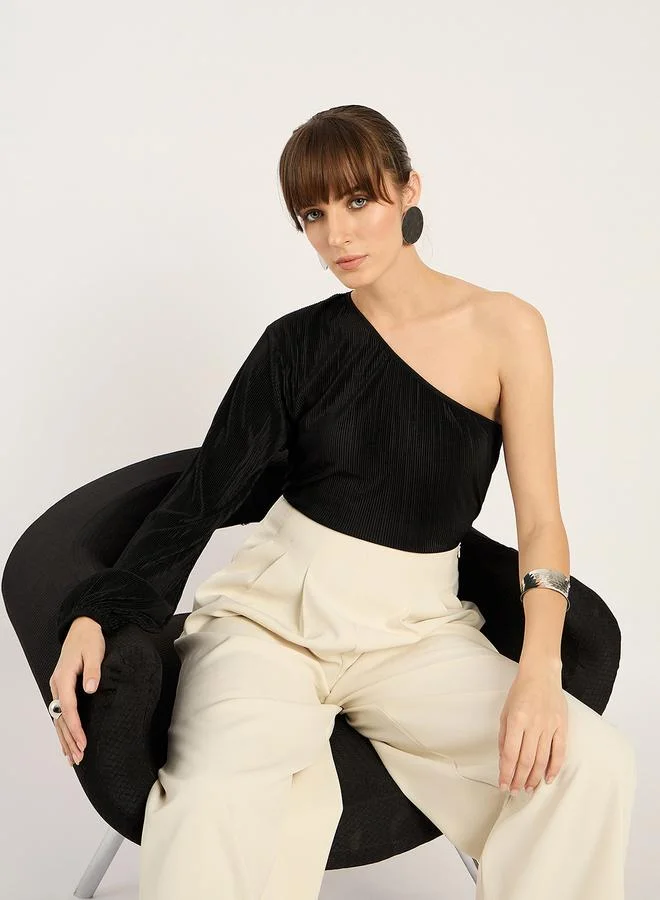 Femmella  Black Plisse One Shoulder Top for Women | Best Price UAE