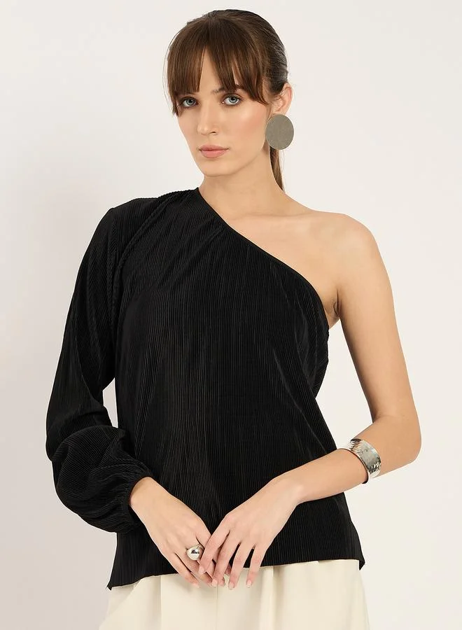 Femmella Black Plisse One Shoulder Top