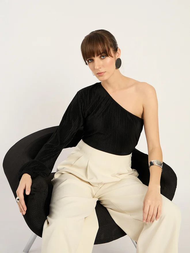 Femmella  Black Plisse One Shoulder Top for Women | Best Price UAE