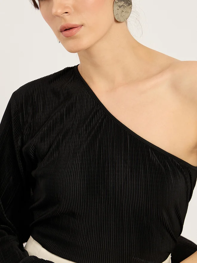 Femmella  Black Plisse One Shoulder Top for Women | Best Price UAE