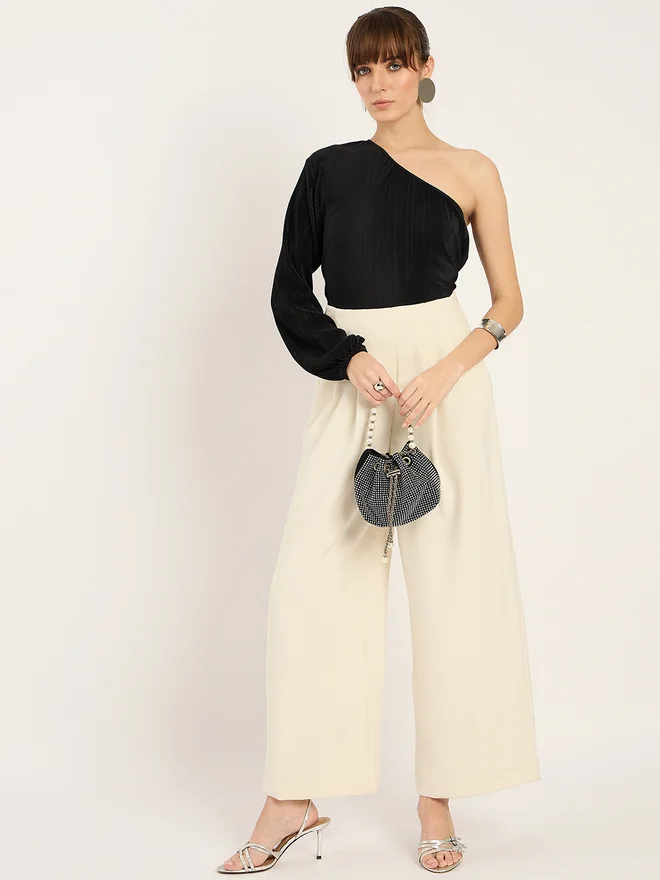 Femmella  Black Plisse One Shoulder Top for Women | Best Price UAE