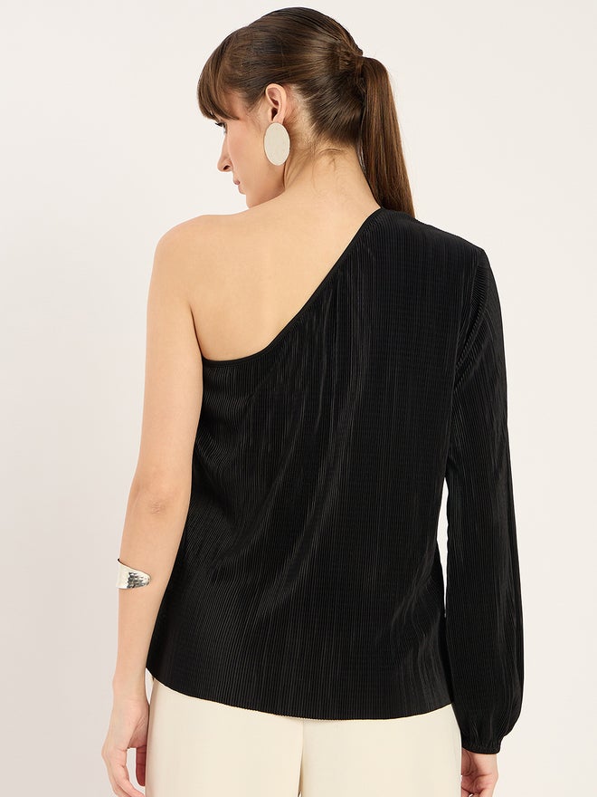 Femmella Black Plisse One Shoulder Top - Image 2