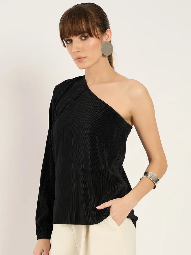 Femmella  Black Plisse One Shoulder Top for Women | Best Price UAE