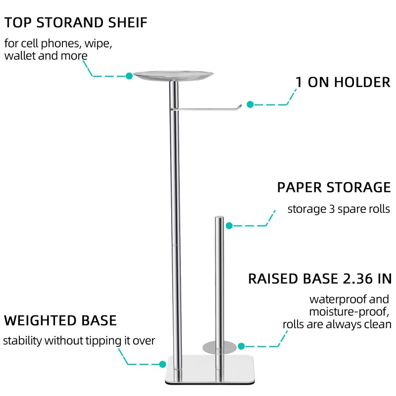 FEILERN Toilet Paper Holder Stand for Bathroom Floor Standing Toilet Roll Dispenser Storages 4 Reserve Rolls, with Top Storage Shelf for Cell Phones, Wipe, Wallet and More(Chrome) - Image 2