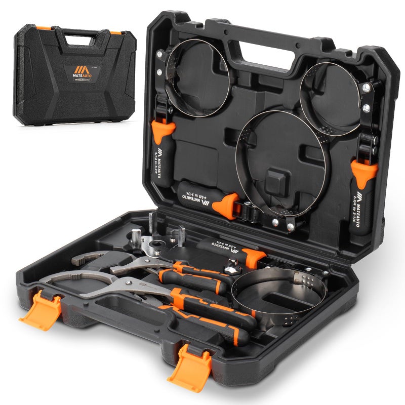 MateAuto Oil Filter Wrench Set, 8 Piece Adjustable Oil Filter Wrenches 2-3/4" to 5-1/4", 9" & 12" Universal Oil Filter Removal Tool with 1/2" to 3/8" Adapter, Organized in Storage Case (8-Piece Set) - Image 1