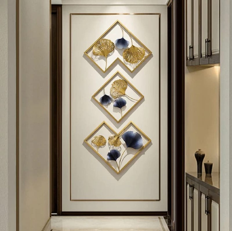 DeWoGift Multicolor Ginkgo Leaf Geometrical Metal Wall Art Set of 3 | Modern Wall Sculpture for Living Room Bedroom Office Hallway or Restaurant | Designer Handcrafted Wall Décor for Home Interiors - Image 2