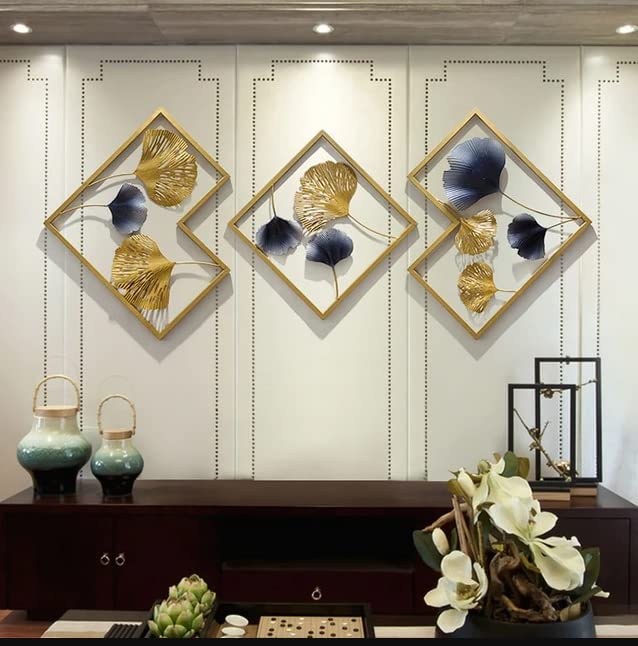 DeWoGift Multicolor Ginkgo Leaf Geometrical Metal Wall Art Set of 3 | Modern Wall Sculpture for Living Room Bedroom Office Hallway or Restaurant | Designer Handcrafted Wall Décor for Home Interiors - Image 1