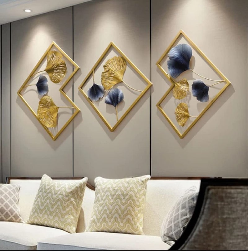 DeWoGift Multicolor Ginkgo Leaf Geometrical Metal Wall Art Set of 3 | Modern Wall Sculpture for Living Room Bedroom Office Hallway or Restaurant | Designer Handcrafted Wall Décor for Home Interiors - Image 3