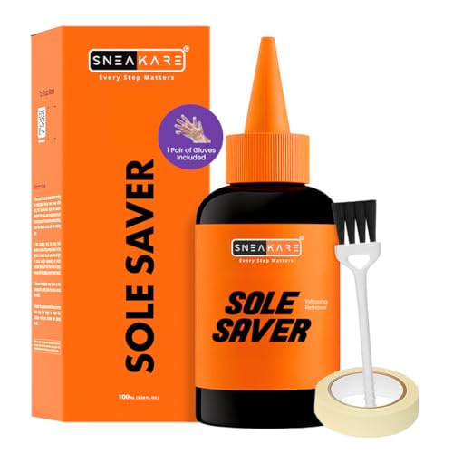 SNEAKARE 100ml Shoe Cleaner & Yellow Stain Remover for Shoes - Sneakers Sole Saver with Brush, Gloves & Tape - Clean Sneakers Sole, Dirty Shoes Cleaner - Image 1