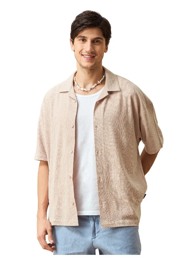 Beyoung Light Peach Half Sleeves Cuban Shirt For Men