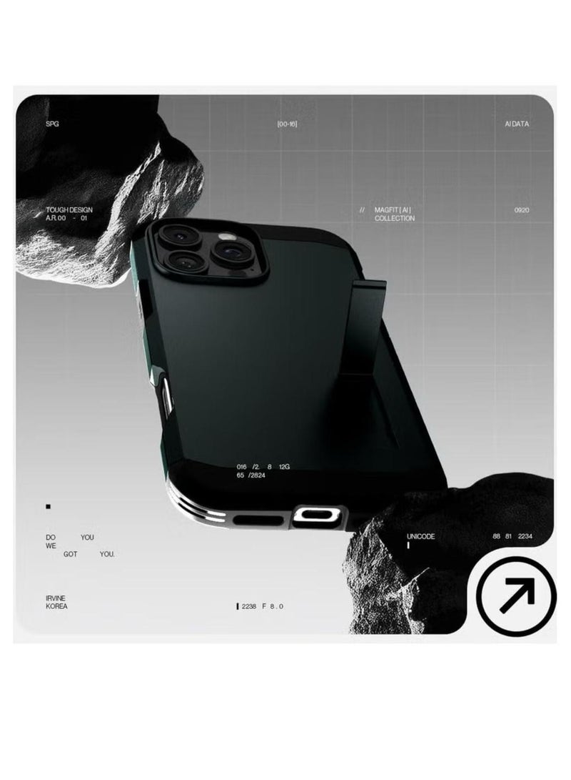 Spigen Tough Armor MagFit AI for iPhone 16 Pro Case Cover MagSafe with Kickstand (2024) - Abyss Green - Image 3