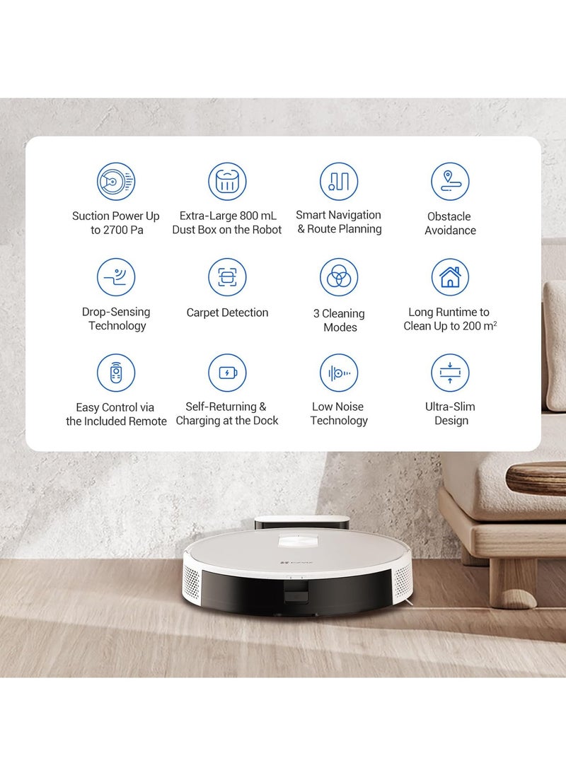 EZVIZ - EZVIZ RC3 Robot Vacuum Cleaner With 2700Pa Suction Power, Carpet Detection, Obstacle Avoidance, Self-Charging Vacuum Cleaner Robot With 800ml Dust Bag, Ideal For Pet Hair, Hard Floors And Carpets - Image 1