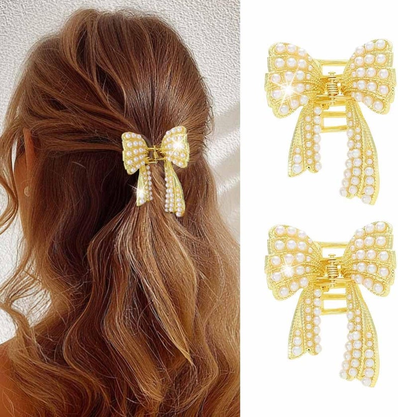 Unicra Gold Hair Clip Metal Bow Claw Clips Pearl Fancy Hair Accessories for Women and Girls Pack of 2