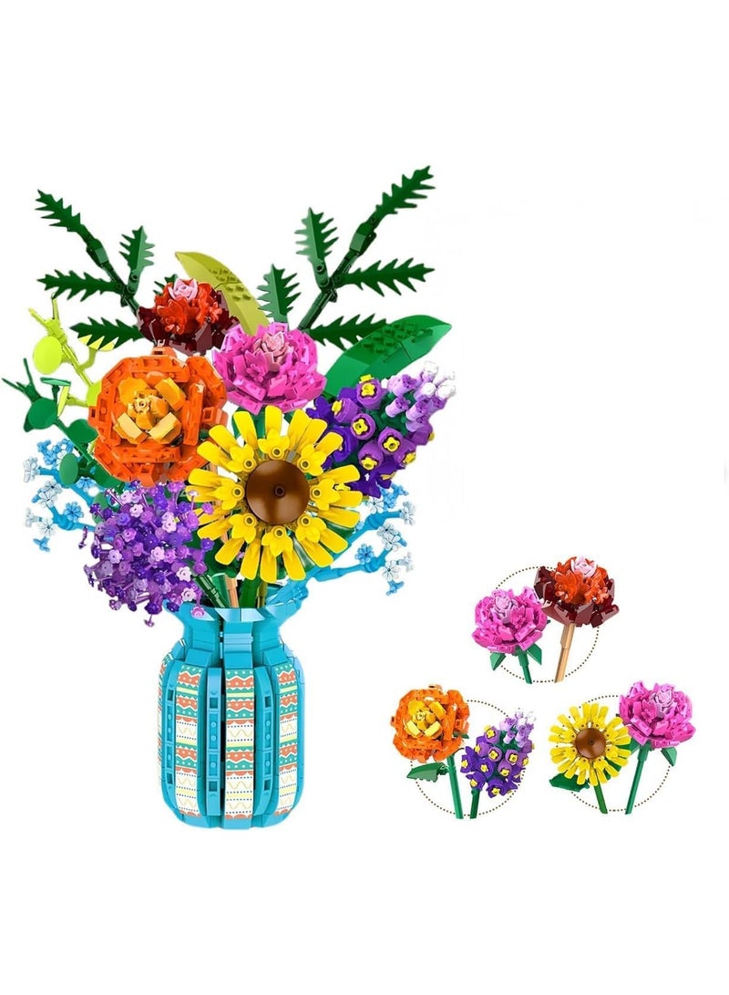 سيوسي Botanical Bouquet Building Set, 1853-Piece Floral Arrangement Kit with Vase, Realistic Rose and Sunflower DIY Model for Home and Office Decoration, Gift for Adults and Teens 15+ (Colorful) - Image 1