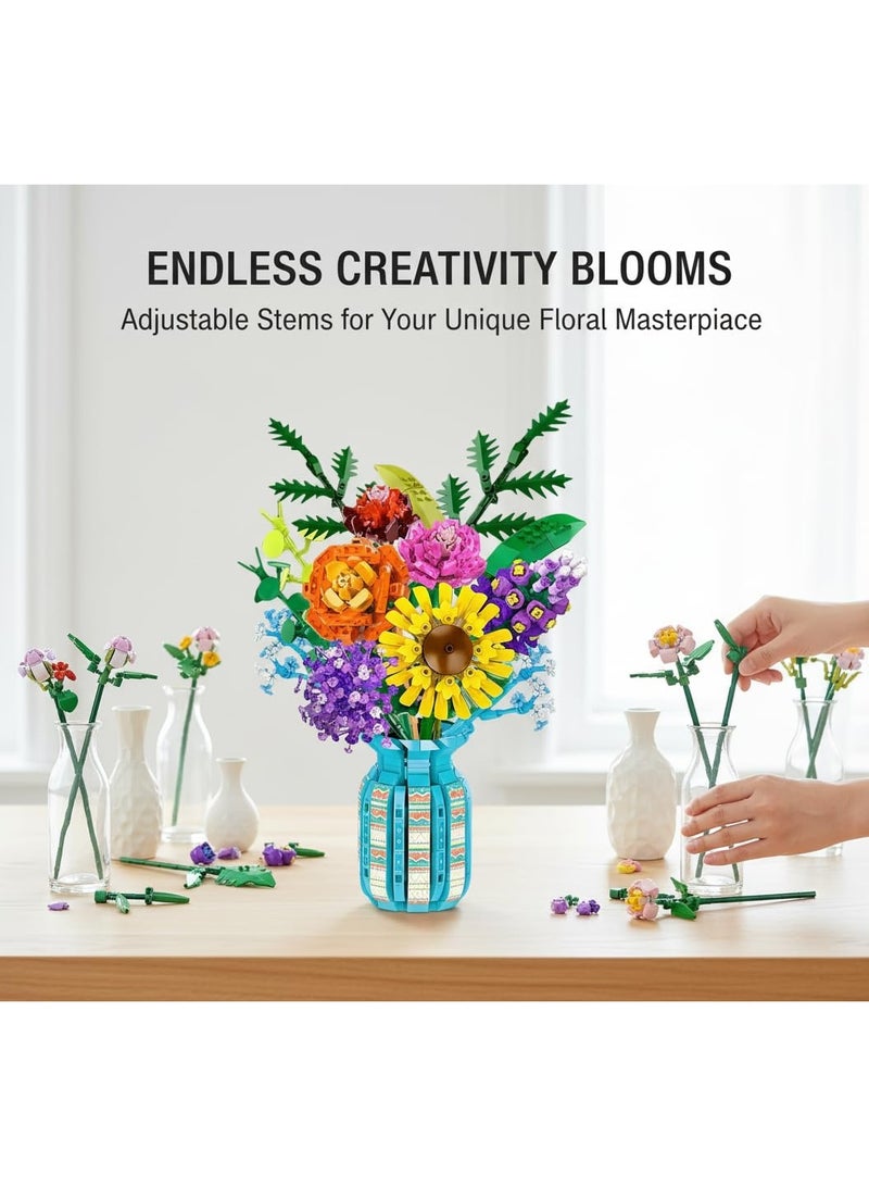 سيوسي Botanical Bouquet Building Set, 1853-Piece Floral Arrangement Kit with Vase, Realistic Rose and Sunflower DIY Model for Home and Office Decoration, Gift for Adults and Teens 15+ (Colorful) - Image 5