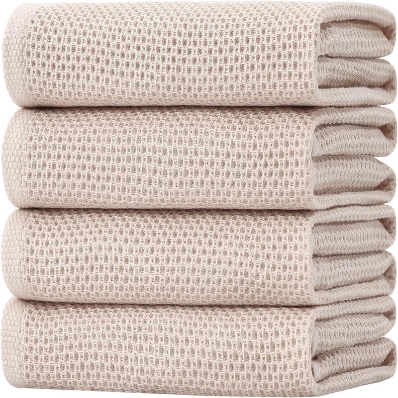 Homaxy 100% Cotton Oversized Waffle Weave Kitchen Dish Towels, Ultra Soft Absorbent Quick Drying Cleaning Towel, 20 x 28 Inches, 4-Pack, Beige - Image 1