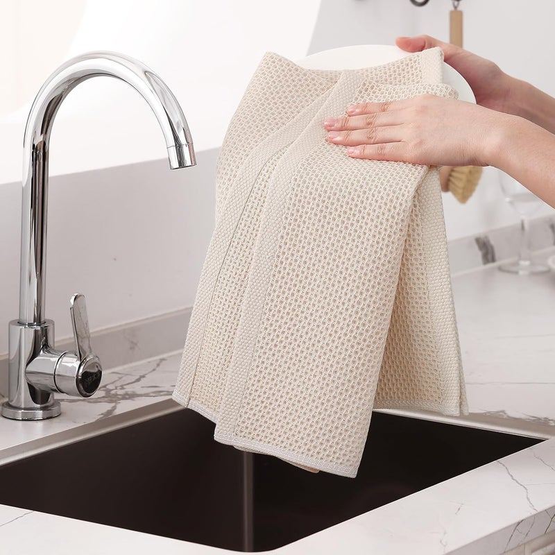 Homaxy 100% Cotton Oversized Waffle Weave Kitchen Dish Towels, Ultra Soft Absorbent Quick Drying Cleaning Towel, 20 x 28 Inches, 4-Pack, Beige - Image 4