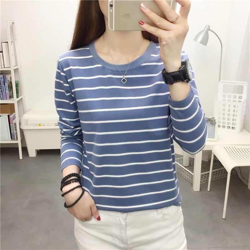 Autumn Clothes Plus Size Loose Striped Long-sleeved T-shirt Womens Middle-aged Mothers Pure Cotton Autumn Clothes Womens Outer Wear Base Shirt 128 blue - Image 1