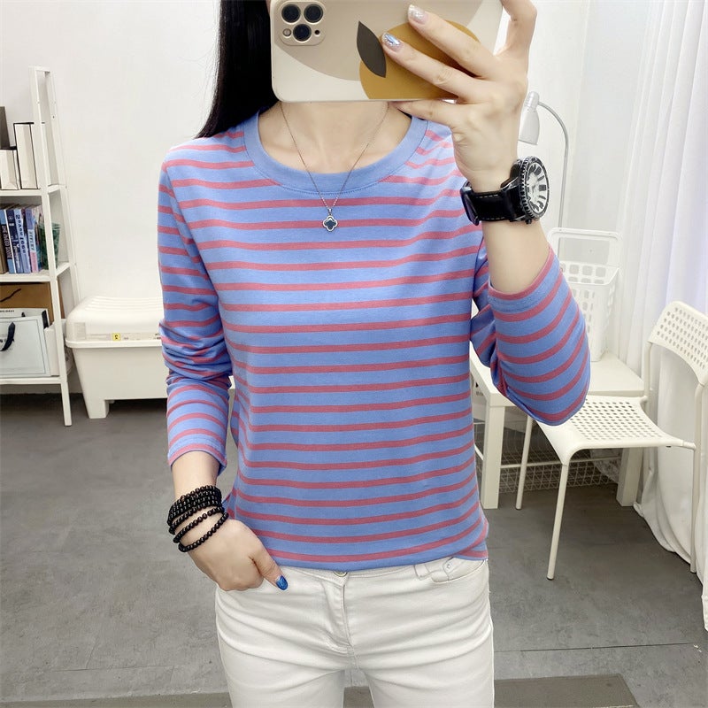 Autumn Clothes Plus Size Loose Striped Long-sleeved T-shirt Womens Middle-aged Mothers Pure Cotton Autumn Clothes Womens Outer Wear Base Shirt 128 blue - Image 4