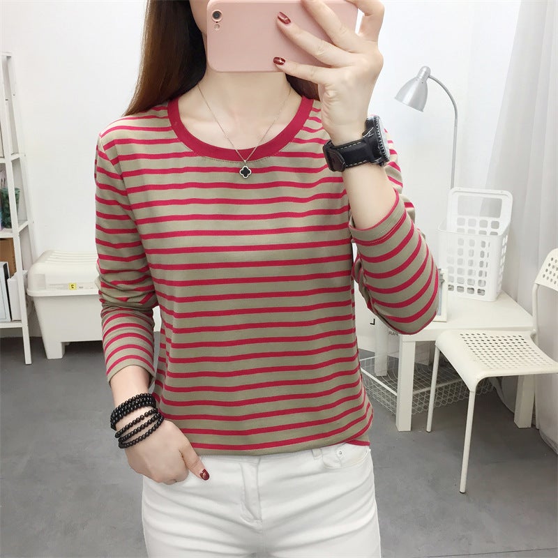 Autumn Clothes Plus Size Loose Striped Long-sleeved T-shirt Womens Middle-aged Mothers Pure Cotton Autumn Clothes Womens Outer Wear Base Shirt 128 blue - Image 3