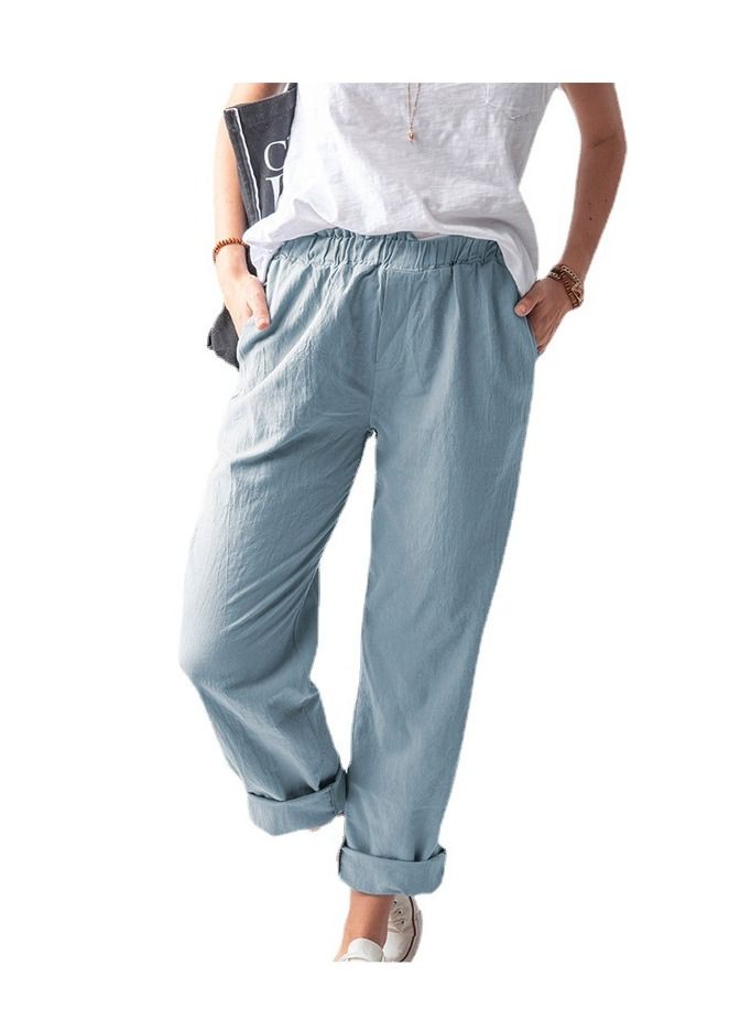 Loquat New Women's Cottonfabric Solid Color Leisure Elastic Mid-waist Straight Pants 
