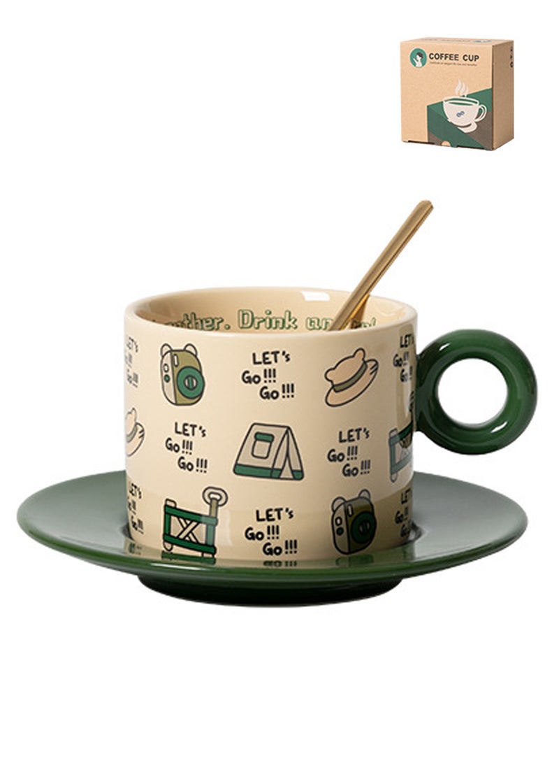 250Ml Microwave - Safe Green Ceramic Coffee Cup With Saucer And Spoon - Cute Travel - Themed Patterns For Daily Use  - Image 1