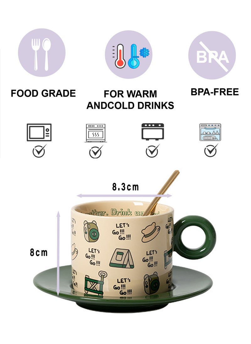 250Ml Microwave - Safe Green Ceramic Coffee Cup With Saucer And Spoon - Cute Travel - Themed Patterns For Daily Use  - Image 2