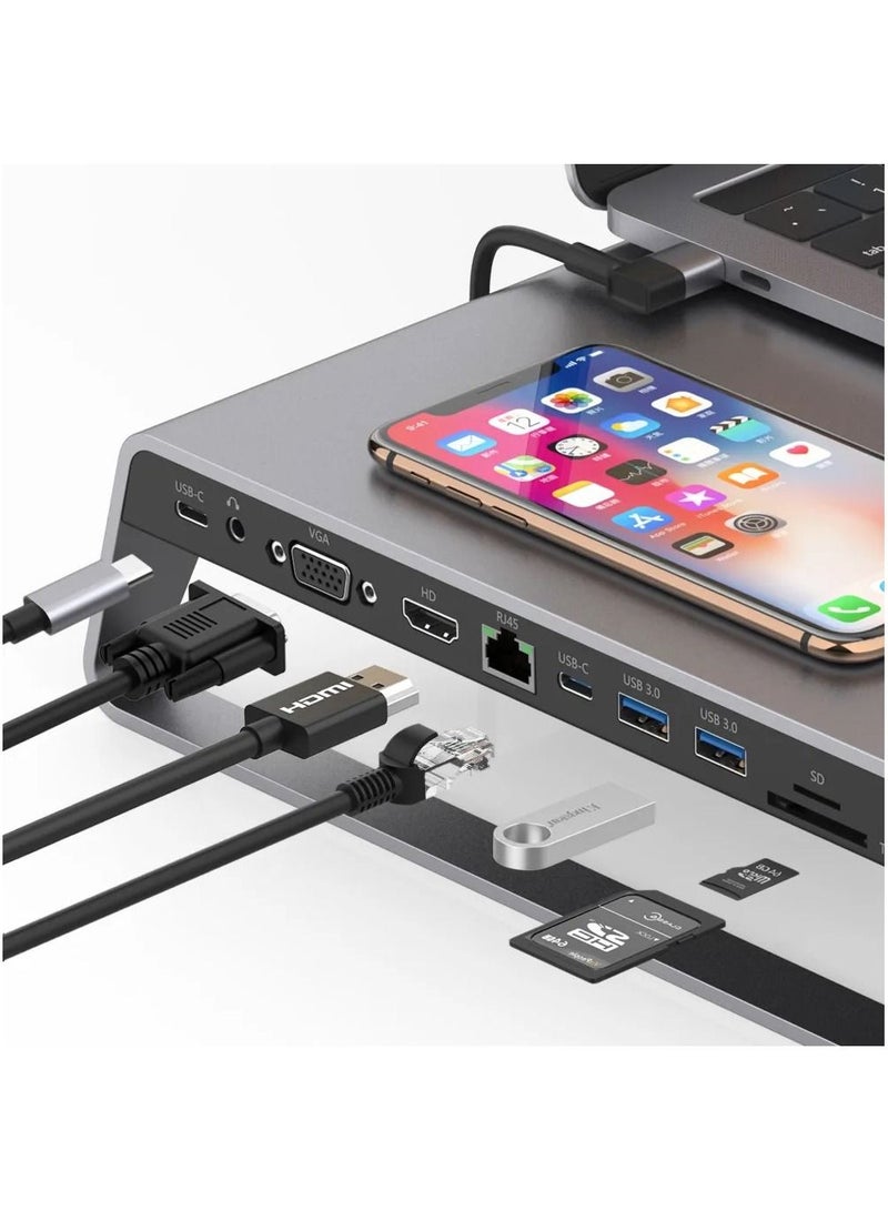 onten USB C 11 In 1 HUB Multi Function Dock Station - Wireless Charging - USB 3.0 X2 + USB-C X2 + TF/SD X1 + HDMI/VGA + 3.5Jack + RJ45 + Type C PD - Image 2