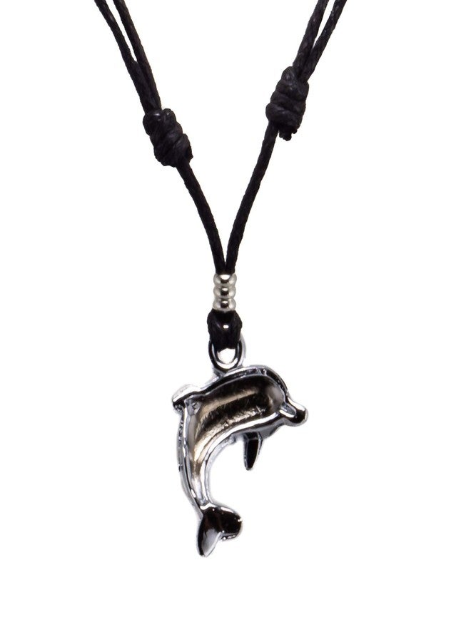 BlueRica Dolphin Pendant on Adjustable Black Rope Cord Necklace (Chrome Finish) - Image 3