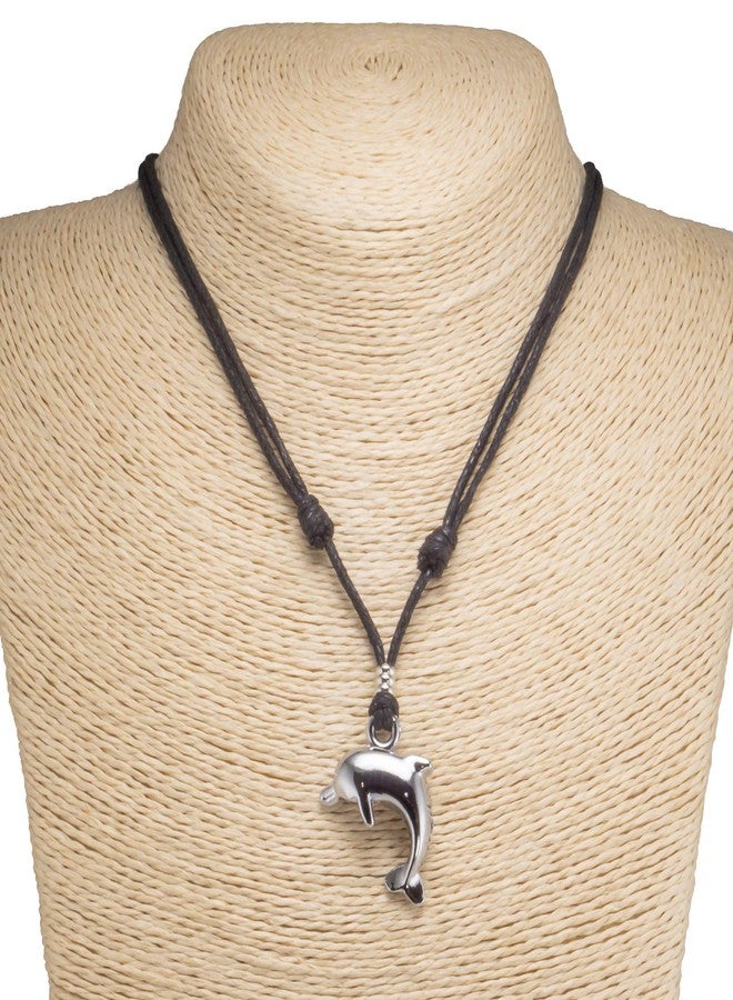 BlueRica Dolphin Pendant on Adjustable Black Rope Cord Necklace (Chrome Finish) - Image 2