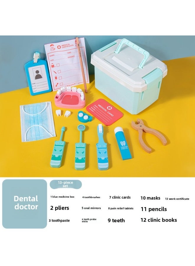 Wooden Children's Simulation Play House Small Doctor Toy Set Girl's Injection Tooth Medicine Box Infusion Stand Stall-Color:Dentist Blue - Image 1