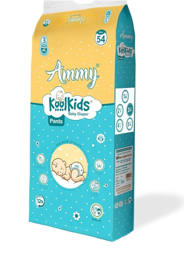 Ammy - Ammy Koolkids Extra Absorb Baby Diaper Pants, Medium Size (54 Count), Rash Free Diaper Pants for Babies (7-12kg) - Image 1