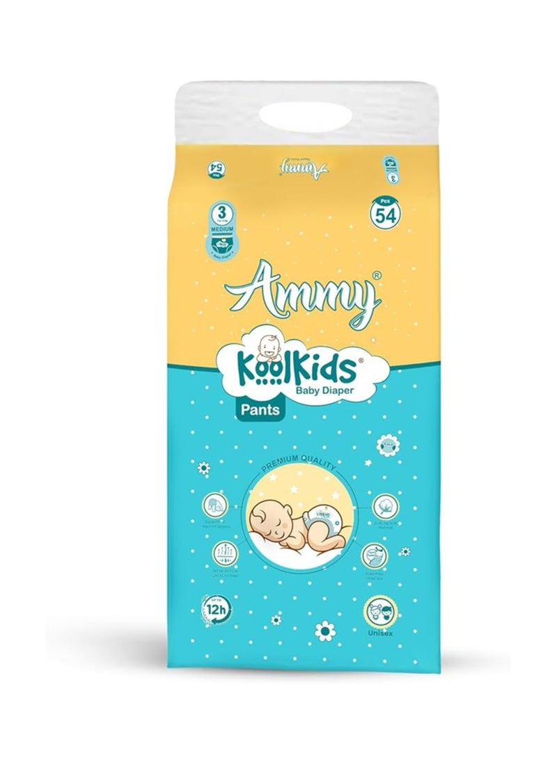 Ammy - Ammy Koolkids Extra Absorb Baby Diaper Pants, Medium Size (54 Count), Rash Free Diaper Pants for Babies (7-12kg) - Image 1