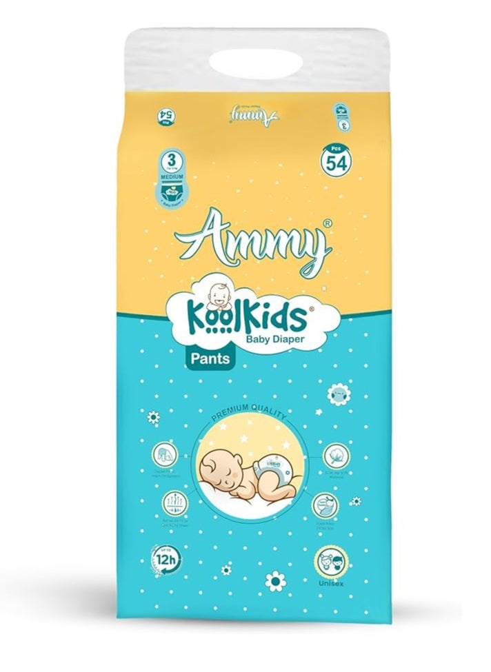 Ammy - Ammy Koolkids Extra Absorb Baby Diaper Pants, Medium Size (54 Count), Rash Free Diaper Pants for Babies (7-12kg) - Image 1