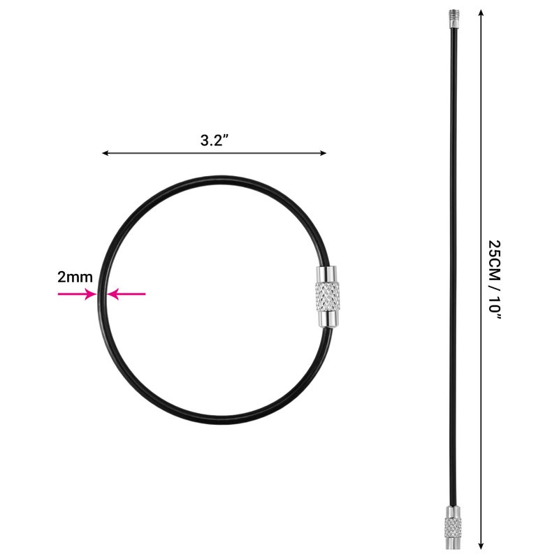 Bidponds 10 Inch Wire Keychain Cable,Large Stainless Steel Key Ring Loop Holder,Nylon Coated Screw Lock Key Rings,2mm Heavy Duty,Pack of 20,Black - Image 2