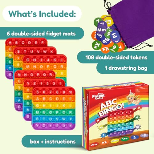 The Fidget Game ABC Bingo, Games for Kids - Six Educational Alphabet Bingo Popping Mats for Preschool, Toddlers, Kindergarten - Learning Activities for 2-6 Players 3+ Years - Image 2