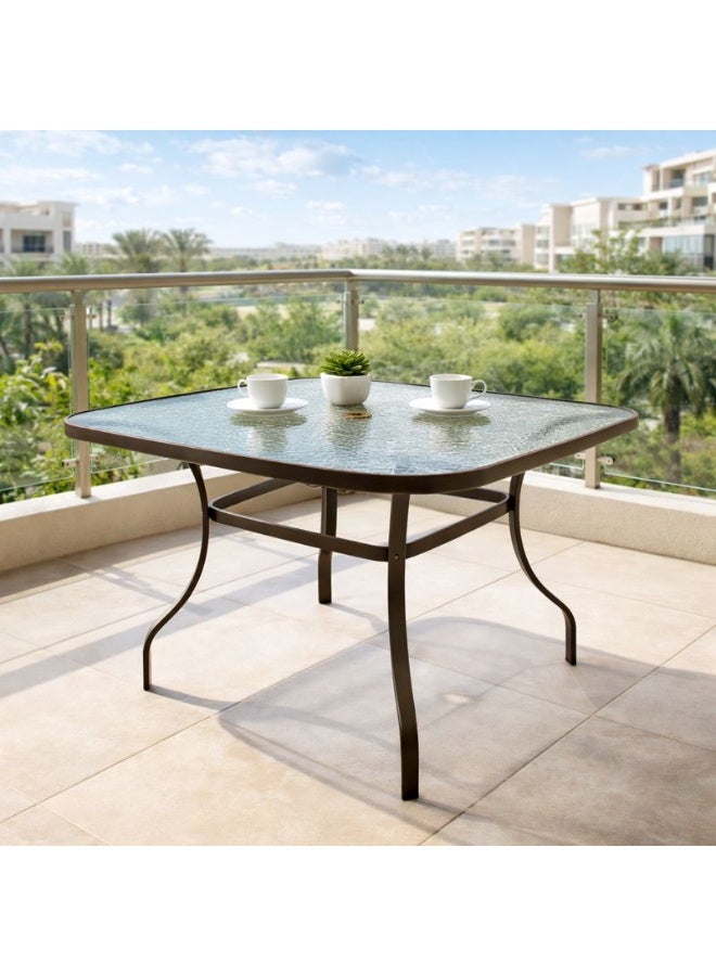 Harmony Home Square Patio Table with Tempered Glass Top – Weather-Resistant Outdoor Coffee & Dining Table, Rust-Resistant Metal Frame for Balcony, Garden & Backyard (Brown) - Image 1